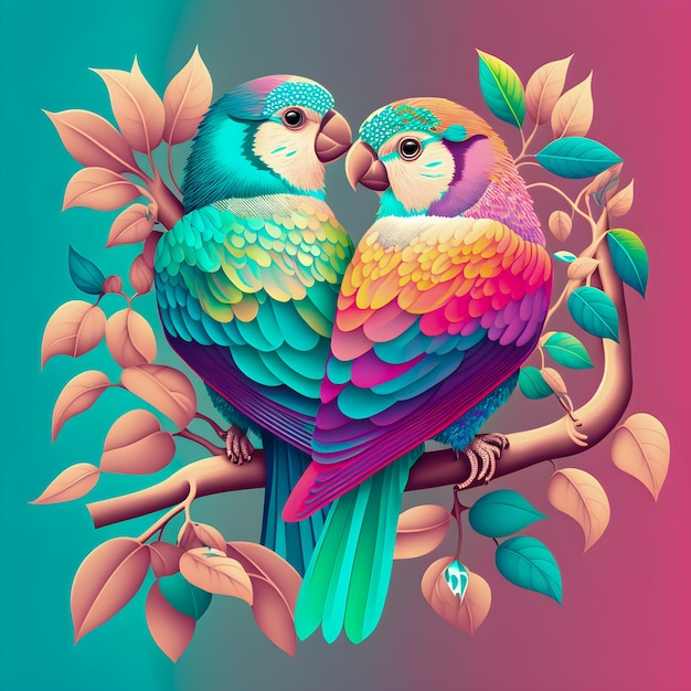 Deux perroquets d'amour aux couleurs de l'arc-en-ciel