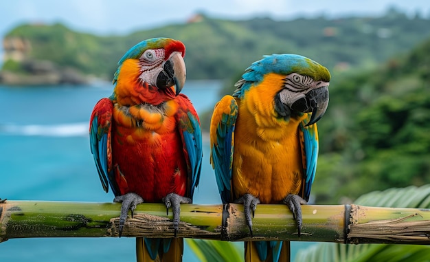 Deux perroquets colorés assis sur une branche deux perroquets assis sur des bâtons de bambou