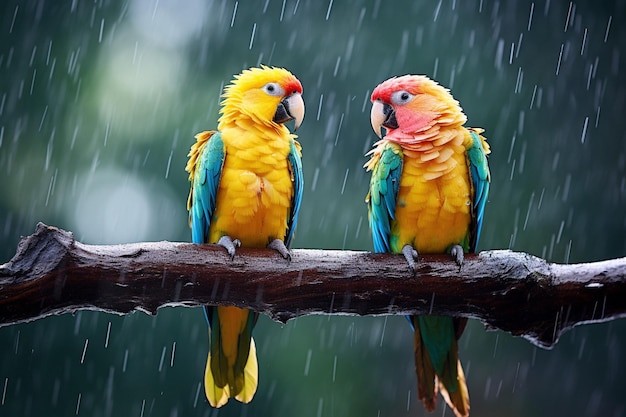 Deux perroquets colorés assis sur une branche sous la pluie