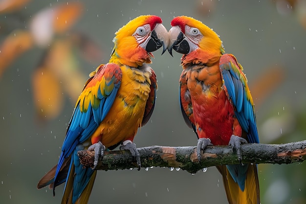 Deux perroquets colorés assis sur une branche sous la pluie