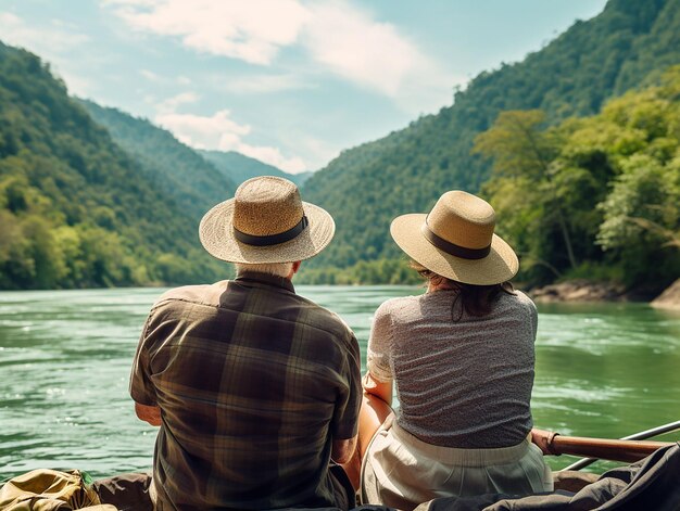 deux personnes admirent le paysage de rivière et de montagne généré par exemple