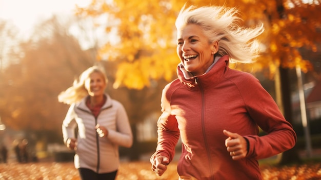 Deux personnes âgées heureuses faisant du jogging dans un parc en été.