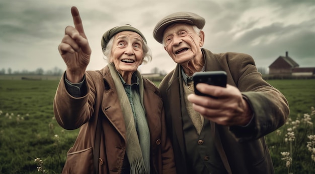 Deux personnes âgées regardant un téléphone