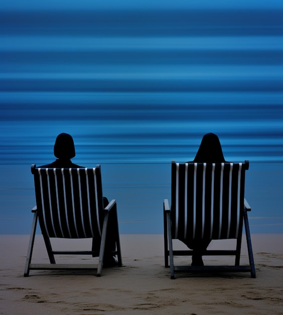 deux personnes assises sur des chaises de jardin face à l'océan sur une plage ai générative