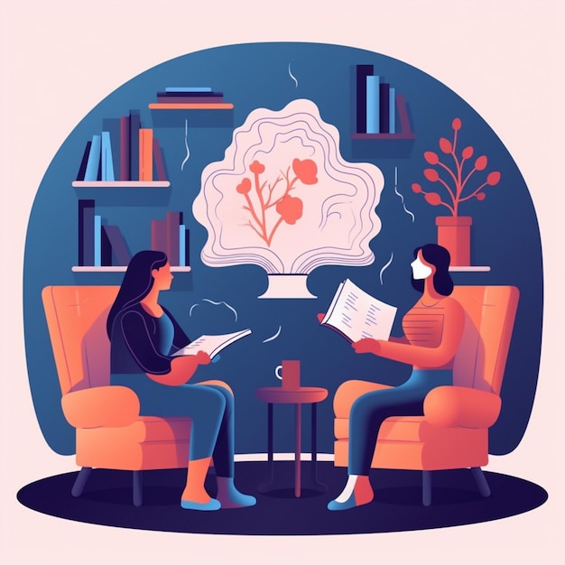 deux personnes assises sur des chaises lisant des livres et buvant du café IA générative