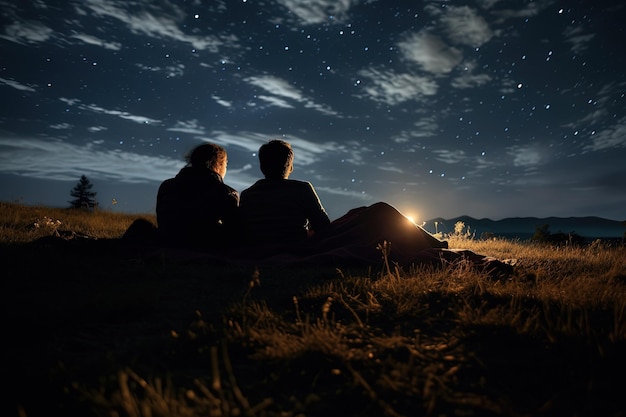 Deux personnes assises sur une colline regardant les étoiles.