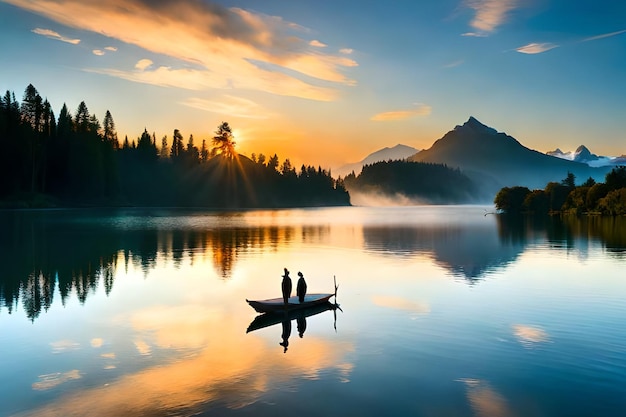 Deux personnes sur un bateau dans un lac avec des montagnes en arrière-plan