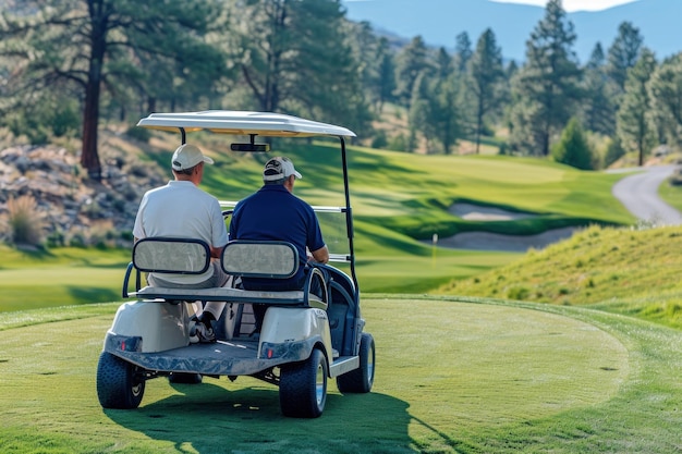 Photo deux personnes sur un chariot de golf sur un terrain de golf