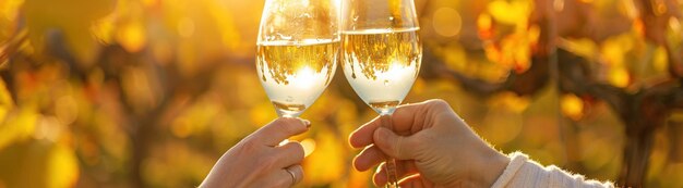 Deux personnes cliquent des verres de vin blanc dans une vigne d'automne célébrant la récolte de la saison