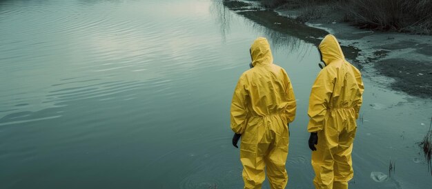 Photo deux personnes en combinaison dangereuse se tiennent près de l'eau représentant les déchets toxiques et la pollution