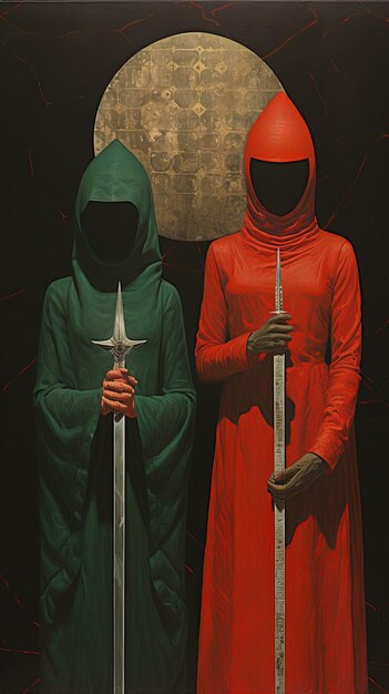 Photo deux personnes avec des costumes verts et un fond rouge et noir