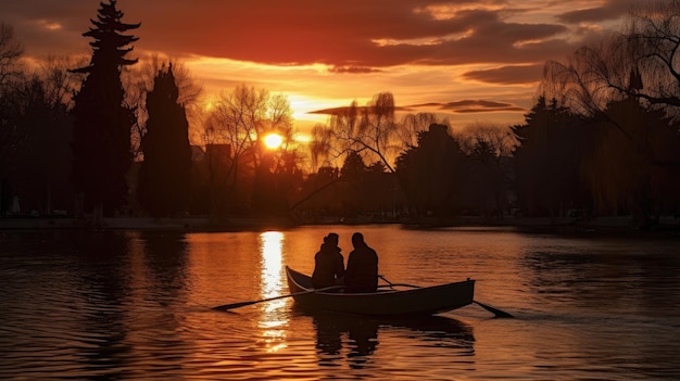 Deux personnes dans un bateau au coucher du soleil dans le lac du parc du Retiro Madrid Espagne le 28 mars 2023