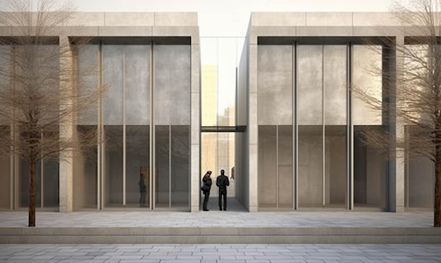 Deux personnes debout devant un immeuble aux murs de verre ai génératif