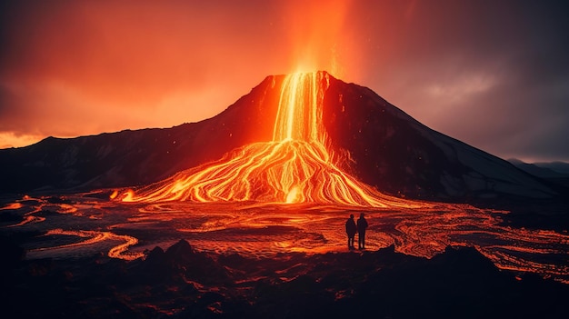 Photo deux personnes debout devant un volcan generative ai art