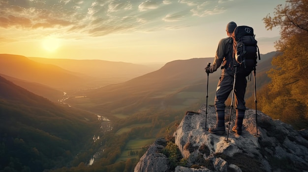 Deux personnes debout sur une falaise regardant le coucher du soleil