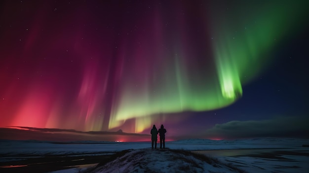 Photo deux personnes devant une aurore