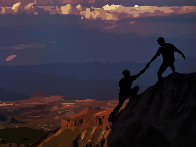 Deux personnes escaladant une montagne, l'une tenant une main et l'autre tenant une autre main.
