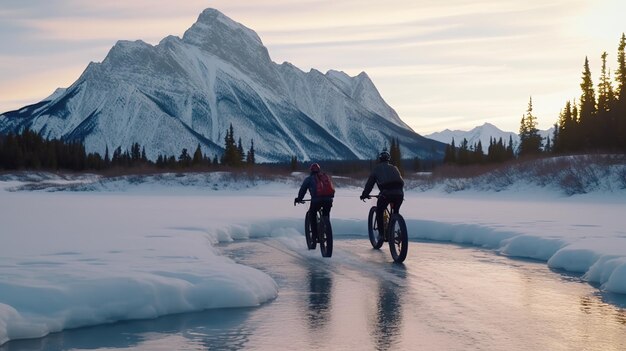 Deux personnes faisant du vélo sur une route gelée avec des montagnes en arrière-plan