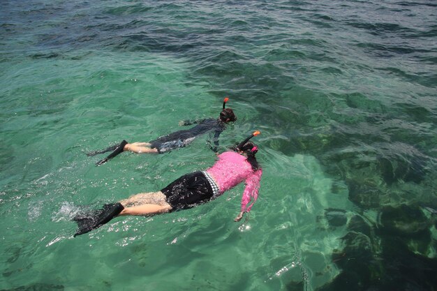 Deux personnes faisant de la plongée avec tuba dans l'eau, dont l'une est rose et l'autre porte une chemise rose.