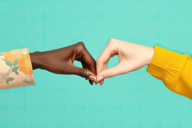 deux personnes font un signe de cœur en utilisant leurs mains dans le style de teal clair et jaune clair