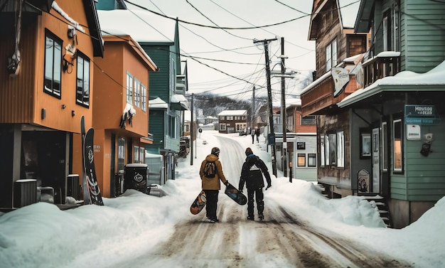 deux personnes sur leurs snowboards marchant dans une rue pavée