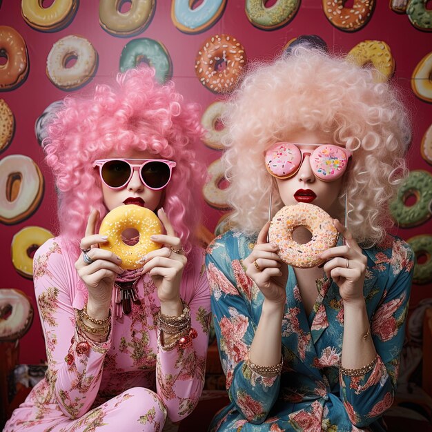 Photo deux personnes mangent des beignets avec une personne portant des lunettes de soleil et une personne avec une perruque rose