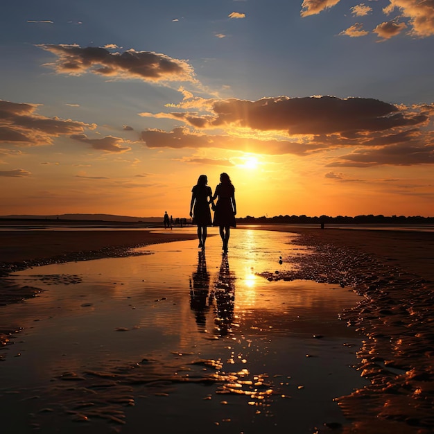 Photo deux personnes marchant ensemble sur la plage au coucher du soleil