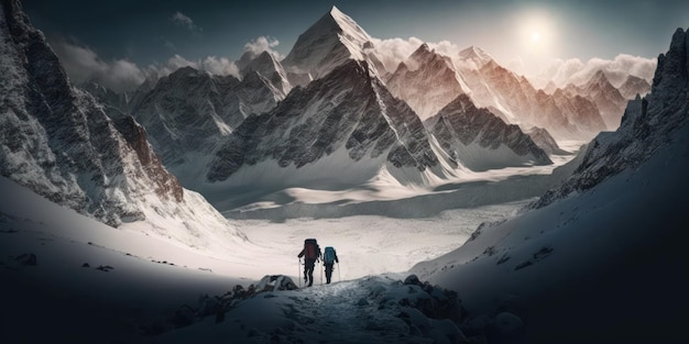 Deux personnes marchant sur une montagne enneigée avec les montagnes en arrière-plan.