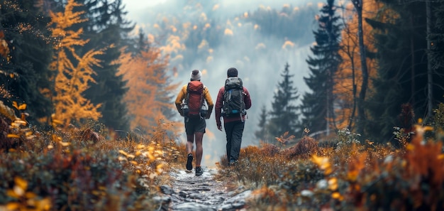Deux personnes marchant sur un sentier dans les bois IA générative