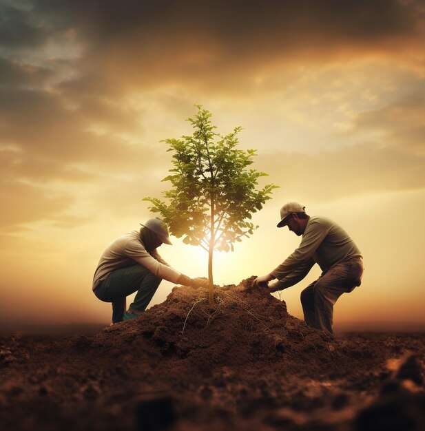 Deux personnes plantant des arbres sur une photo de nature