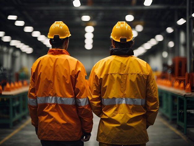 deux personnes portant des gilets de sécurité dans l'usine pour le jour de mai et le fond de la présentation