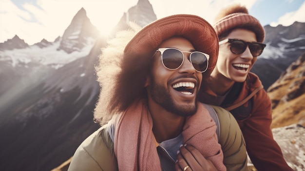 Deux personnes portant des lunettes de soleil et un chapeau sourient et rient.