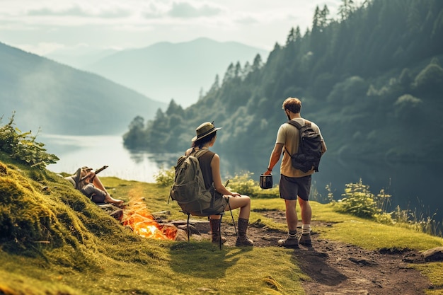 Deux personnes portant des vêtements d'été s'aventurent dans la beauté sauvage et sereine de la nature