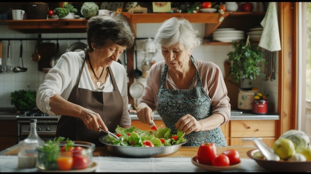 Deux personnes préparent une salade fraîche dans une cuisine confortable.