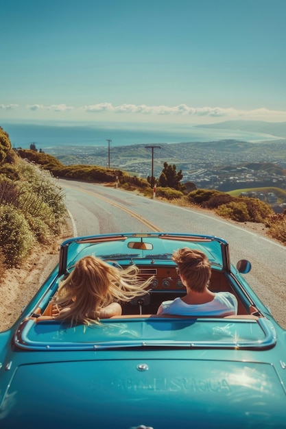 Photo deux personnes profitent d'une promenade dans une voiture bleue idéale pour les voyages et les concepts de transport