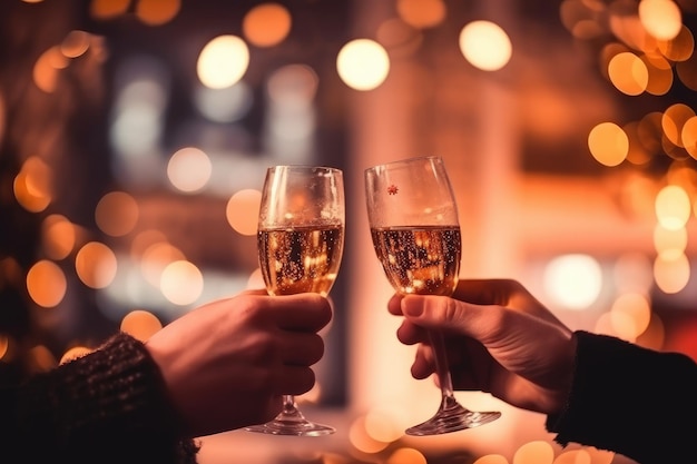 Deux personnes qui font un toast avec des verres de champagne à la maison.