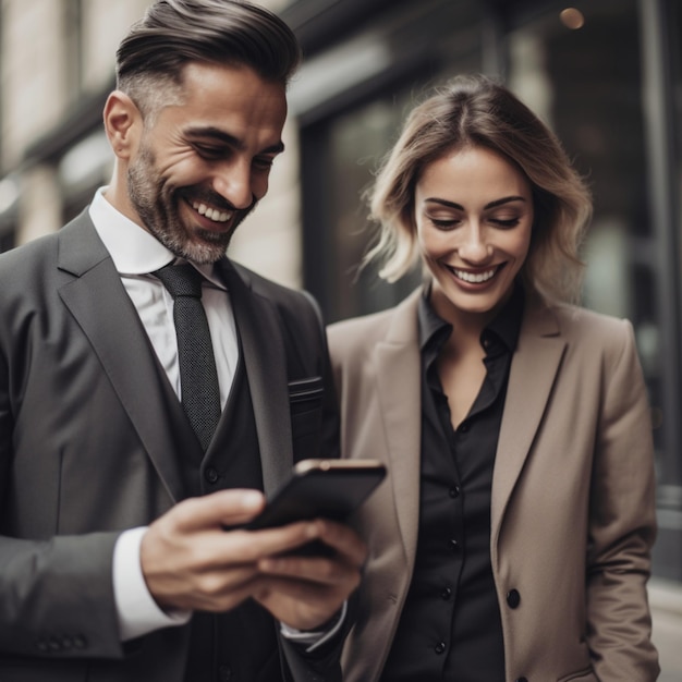 Deux personnes regardent un téléphone et sourient