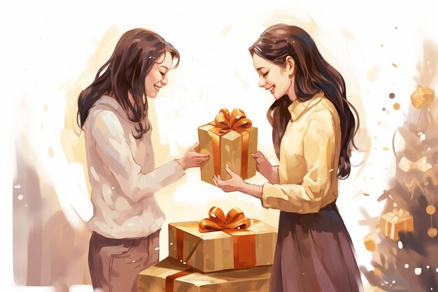 deux personnes s'offrant des cadeaux à Noël