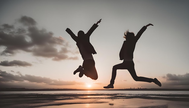 Photo deux personnes sautent en l'air avec le soleil derrière elles