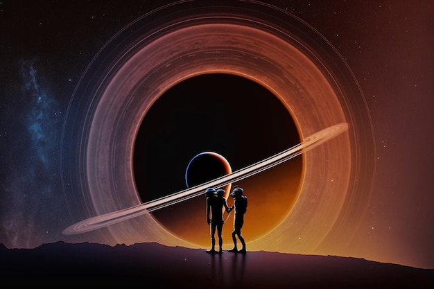 Deux personnes se tiennent devant une planète avec un anneau de saturne au centre.