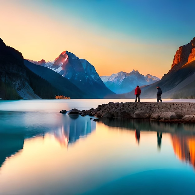 Deux personnes se tiennent sur un rivage rocheux avec des montagnes en arrière-plan.