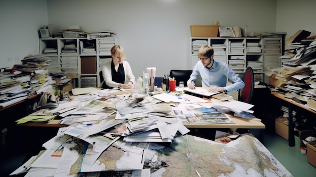 deux personnes sont assises à une table avec une carte du monde dessus.