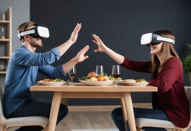 deux personnes sont assises à une table avec des verres de vin et de nourriture portant une caméra virtuelle