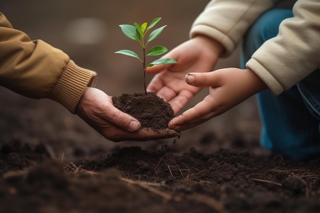 Deux personnes tenant un petit arbre dans le sol