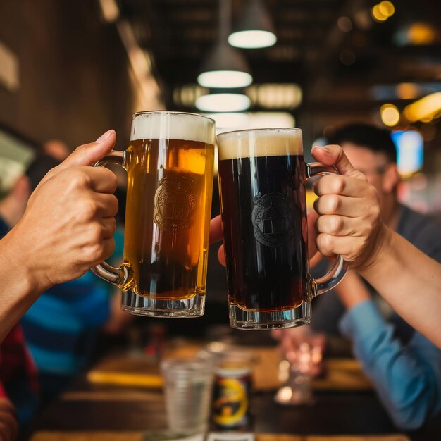 Photo deux personnes tenant des tasses avec le mot lager sur elles