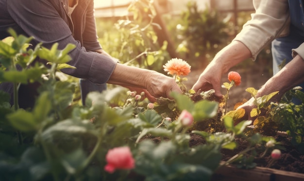 Deux personnes travaillant dans un jardin dont l'une est une fleur.