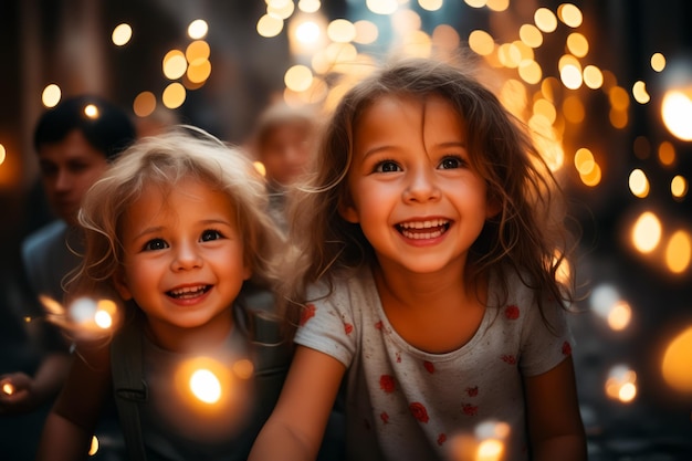 Deux petites filles assises l'une à côté de l'autre avec des lumières en arrière-plan AI générative