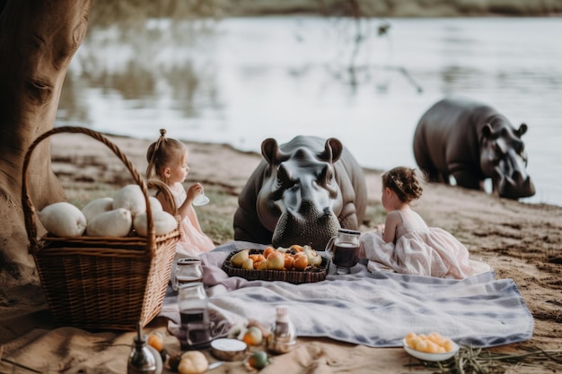 Deux petites filles assises sur une couverture à côté d'un hippopotame Image AI générative