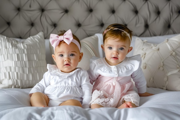 Deux petites filles assises sur un lit portant des robes blanches et roses et des nœuds