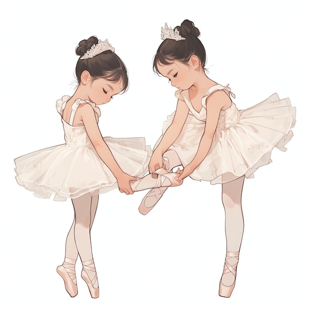 Photo deux petites filles attachent leurs chaussures de ballet pratiquent leurs pirouettes dans le style anime